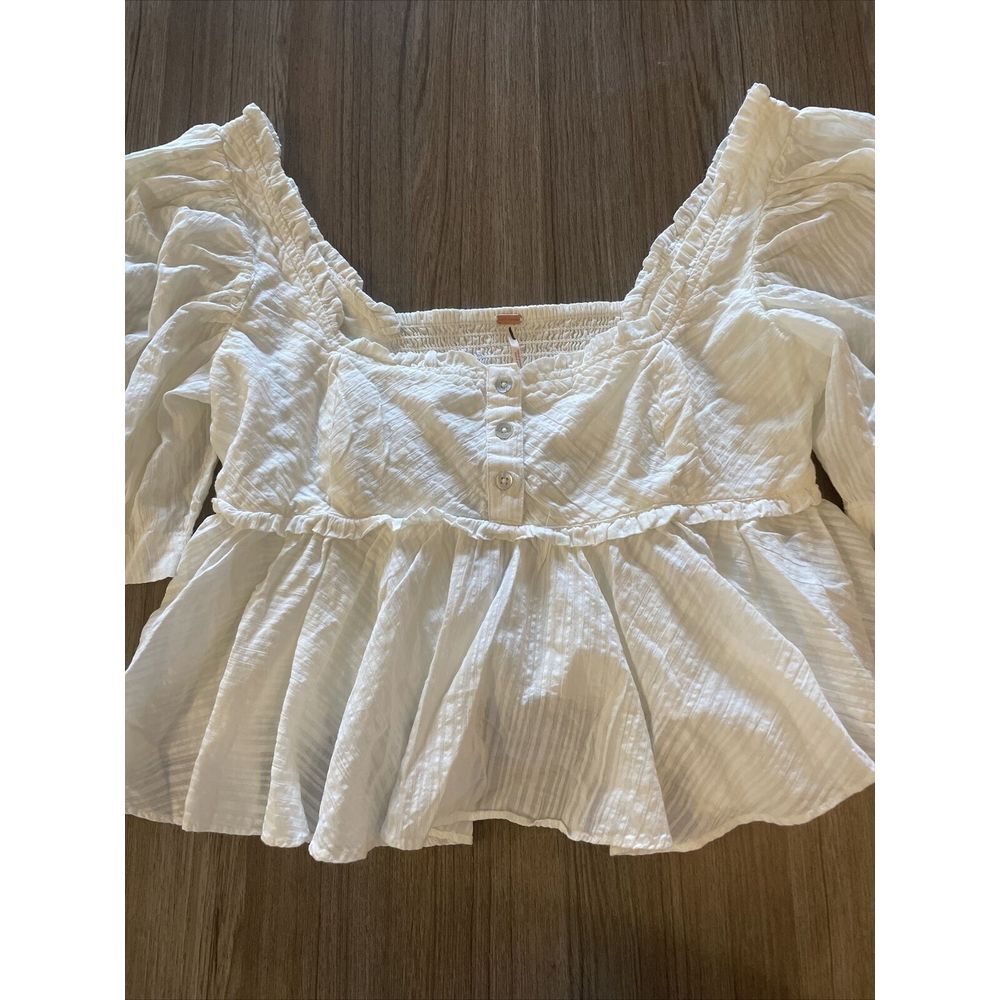 Free People Leave It To Me Babydoll Top Blouse  Puff Sleeves in Ivory Size Small - Picture 5 of 10